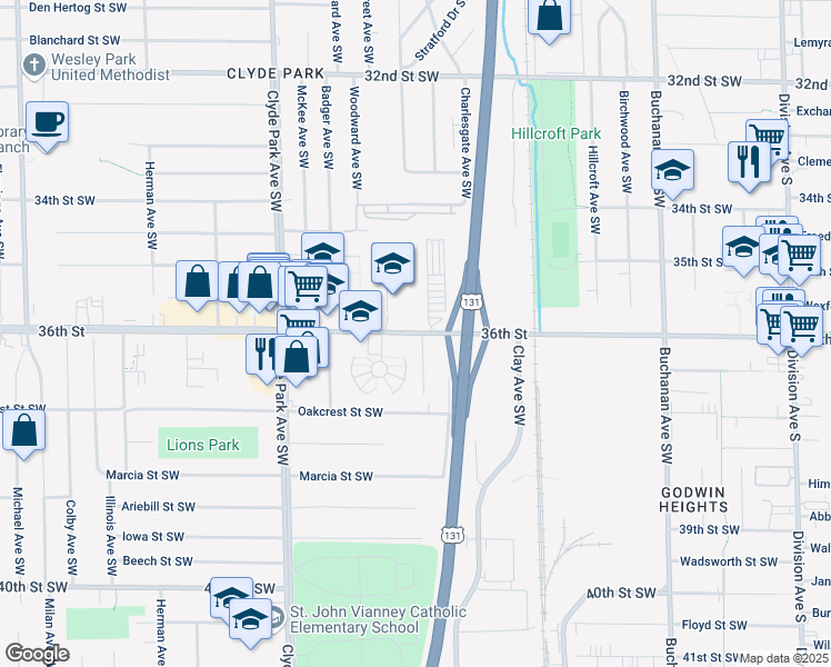 map of restaurants, bars, coffee shops, grocery stores, and more near 540 36th Street in Wyoming
