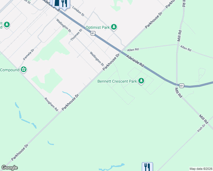 map of restaurants, bars, coffee shops, grocery stores, and more near 2033 Lockwood Crescent in Strathroy-Caradoc