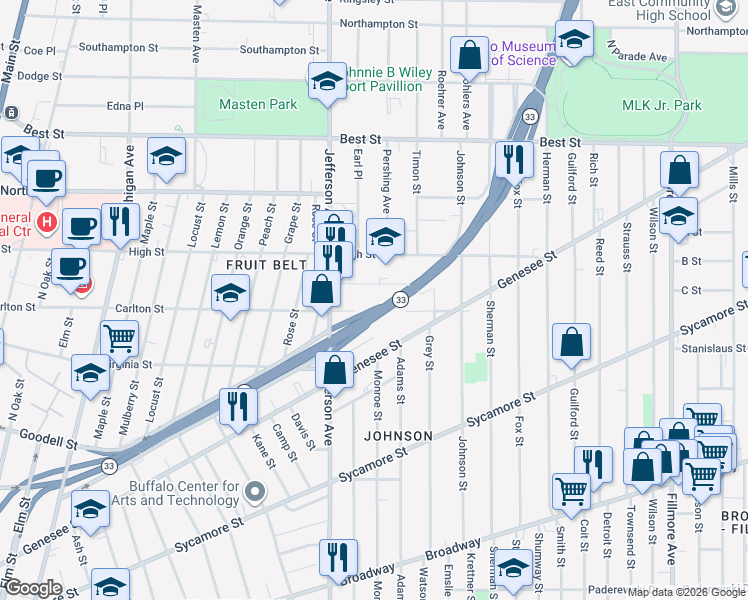 map of restaurants, bars, coffee shops, grocery stores, and more near 450 Carlton Street in Buffalo