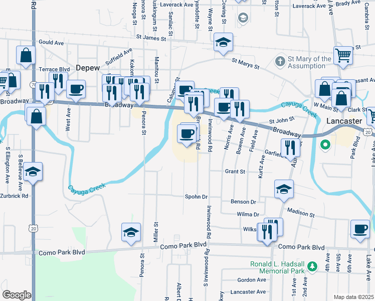 map of restaurants, bars, coffee shops, grocery stores, and more near 5175 Broadway in Depew