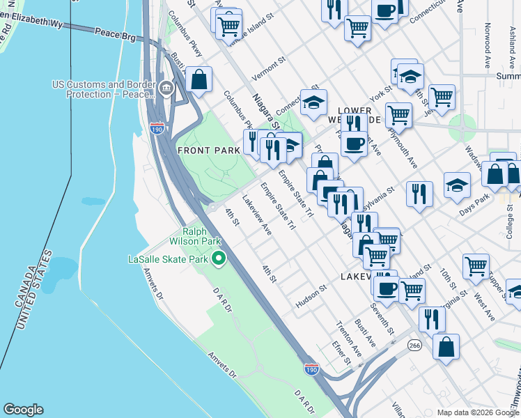 map of restaurants, bars, coffee shops, grocery stores, and more near 95 Lakeview Avenue in Buffalo