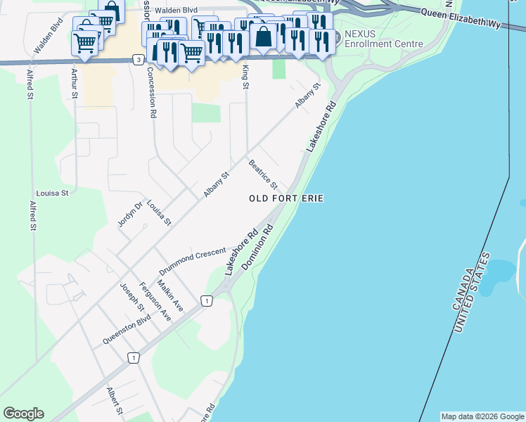 map of restaurants, bars, coffee shops, grocery stores, and more near 266 Lakeshore Road in Fort Erie