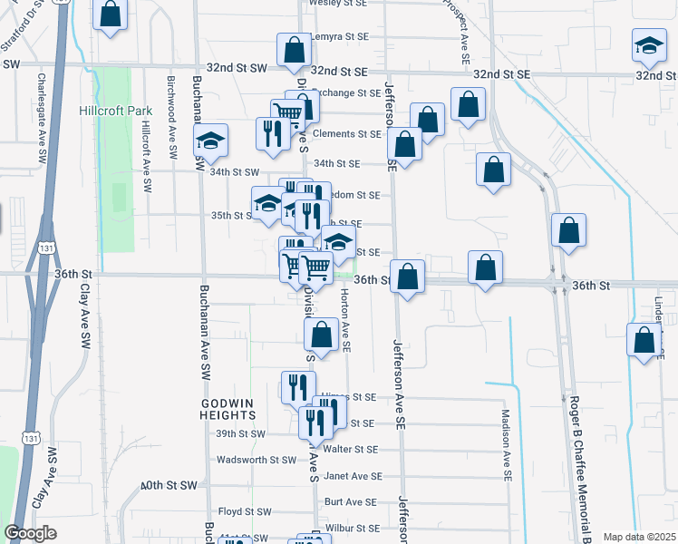 map of restaurants, bars, coffee shops, grocery stores, and more near 111 36th Street Southeast in Grand Rapids