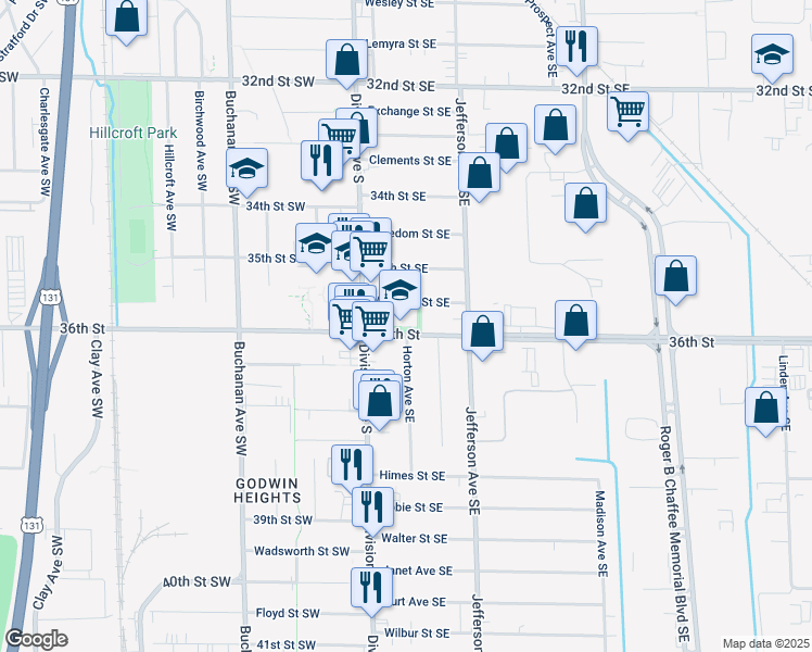 map of restaurants, bars, coffee shops, grocery stores, and more near 111 36th Street Southeast in Grand Rapids