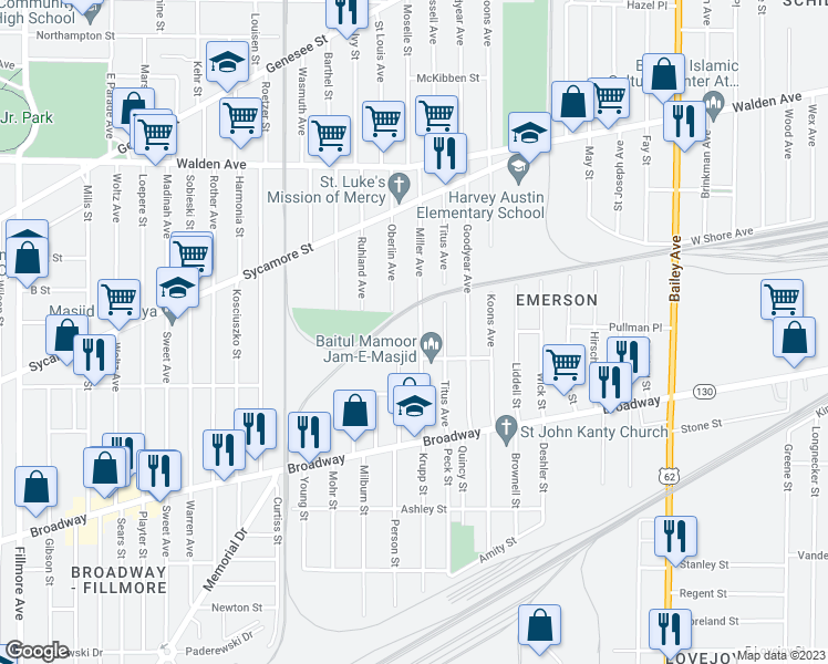 map of restaurants, bars, coffee shops, grocery stores, and more near 99 Miller Avenue in Buffalo