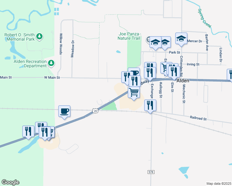 map of restaurants, bars, coffee shops, grocery stores, and more near 13070 Broadway in Alden