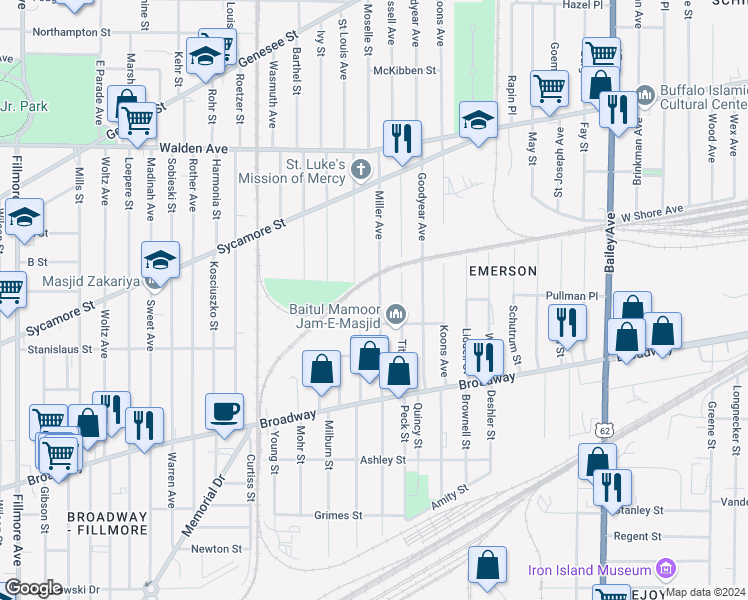 map of restaurants, bars, coffee shops, grocery stores, and more near 99 Miller Avenue in Buffalo