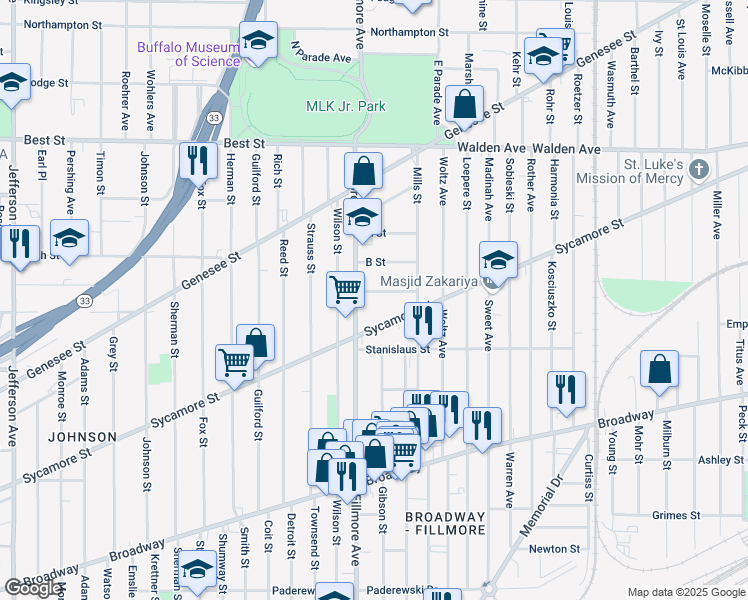 map of restaurants, bars, coffee shops, grocery stores, and more near 923 Fillmore Avenue in Buffalo