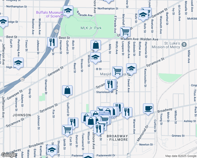 map of restaurants, bars, coffee shops, grocery stores, and more near 923 Fillmore Avenue in Buffalo