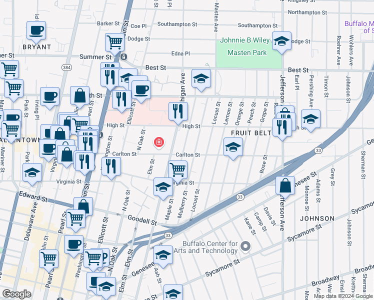 map of restaurants, bars, coffee shops, grocery stores, and more near 203 Maple Street in Buffalo