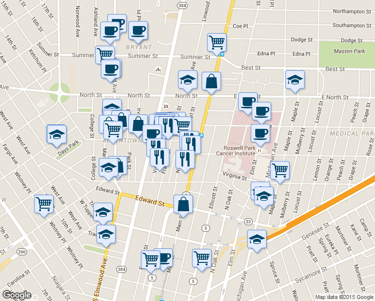 map of restaurants, bars, coffee shops, grocery stores, and more near 58 North Pearl Street in Buffalo
