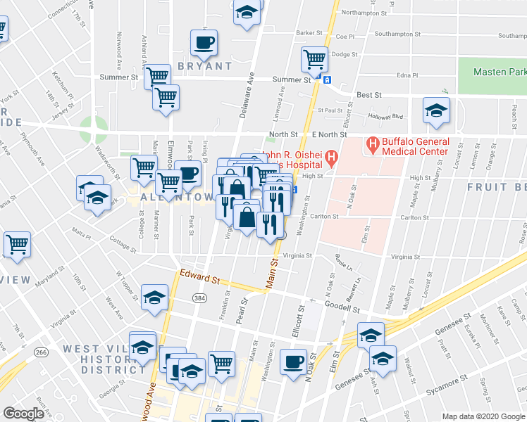 map of restaurants, bars, coffee shops, grocery stores, and more near in Buffalo