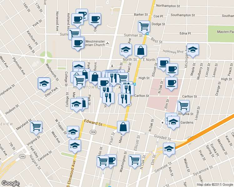 map of restaurants, bars, coffee shops, grocery stores, and more near in Buffalo