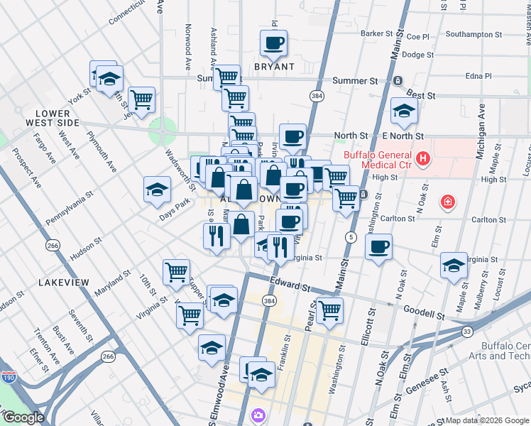 map of restaurants, bars, coffee shops, grocery stores, and more near 58 Park Street in Buffalo