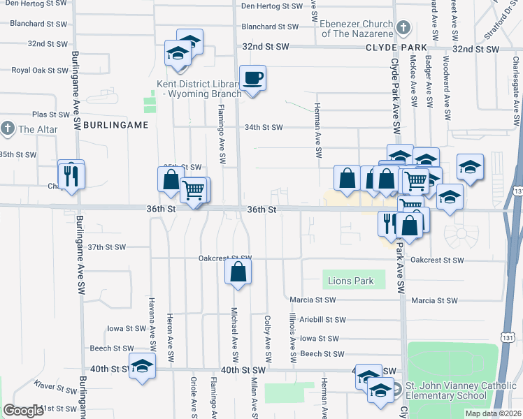 map of restaurants, bars, coffee shops, grocery stores, and more near 1132 36th Street in Wyoming