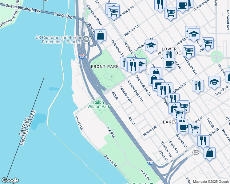 map of restaurants, bars, coffee shops, grocery stores, and more near 111 Porter Avenue in Buffalo