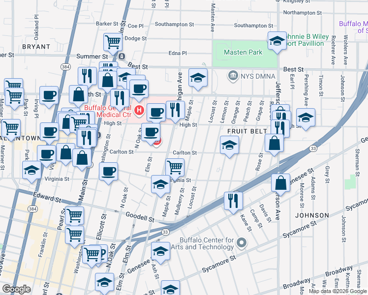 map of restaurants, bars, coffee shops, grocery stores, and more near 203 Maple Street in Buffalo