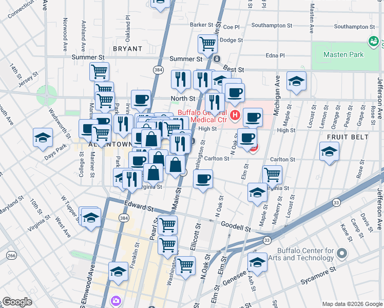 map of restaurants, bars, coffee shops, grocery stores, and more near 921 Main Street in Buffalo