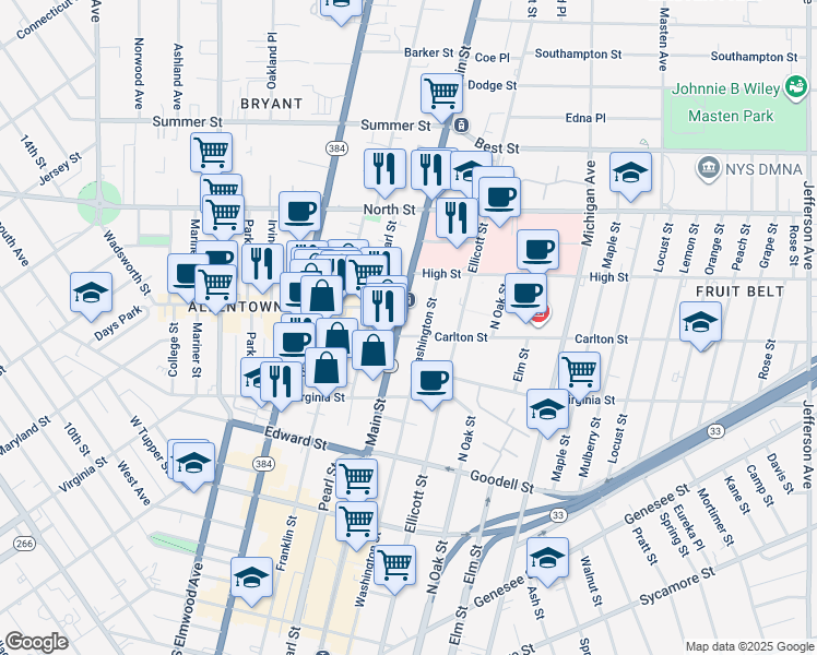 map of restaurants, bars, coffee shops, grocery stores, and more near 921 Main Street in Buffalo