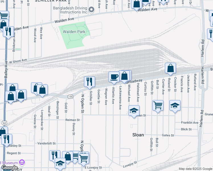 map of restaurants, bars, coffee shops, grocery stores, and more near Broadway & Wagner Avenue in Sloan
