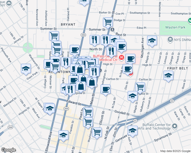 map of restaurants, bars, coffee shops, grocery stores, and more near 916 Main Street in Buffalo