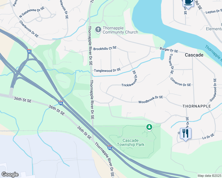 map of restaurants, bars, coffee shops, grocery stores, and more near 6525 Woodbrook Drive Southeast in Grand Rapids