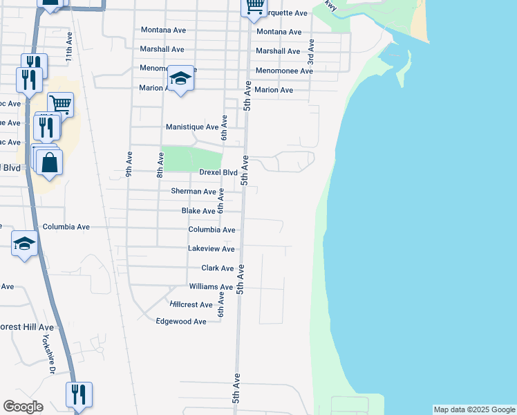 map of restaurants, bars, coffee shops, grocery stores, and more near 3344 Marina Road in South Milwaukee