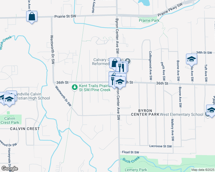 map of restaurants, bars, coffee shops, grocery stores, and more near 2410 36th Street Southwest in Wyoming