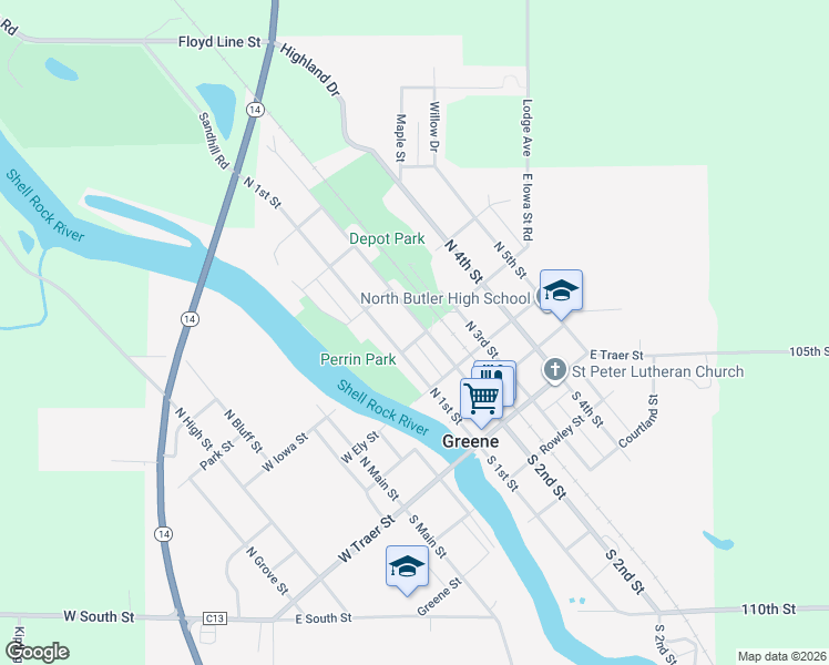 map of restaurants, bars, coffee shops, grocery stores, and more near 301 East Iowa Street in Greene