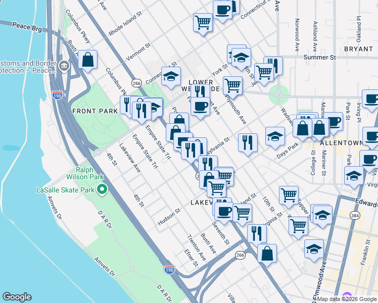 map of restaurants, bars, coffee shops, grocery stores, and more near 547 Niagara Street in Buffalo