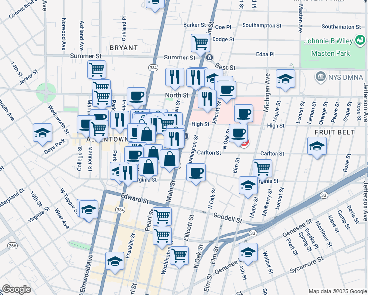 map of restaurants, bars, coffee shops, grocery stores, and more near in Buffalo