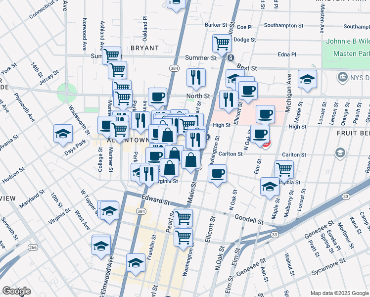 map of restaurants, bars, coffee shops, grocery stores, and more near in Buffalo