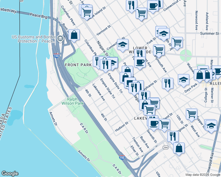 map of restaurants, bars, coffee shops, grocery stores, and more near 509 Busti Avenue in Buffalo