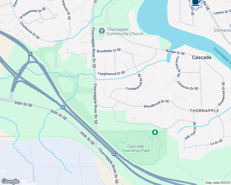 map of restaurants, bars, coffee shops, grocery stores, and more near 6525 Woodbrook Drive Southeast in Grand Rapids