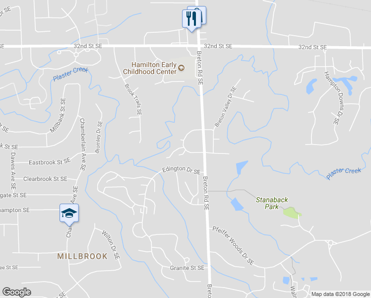 map of restaurants, bars, coffee shops, grocery stores, and more near 3592 Whispering Brook Dr SE in Grand Rapids