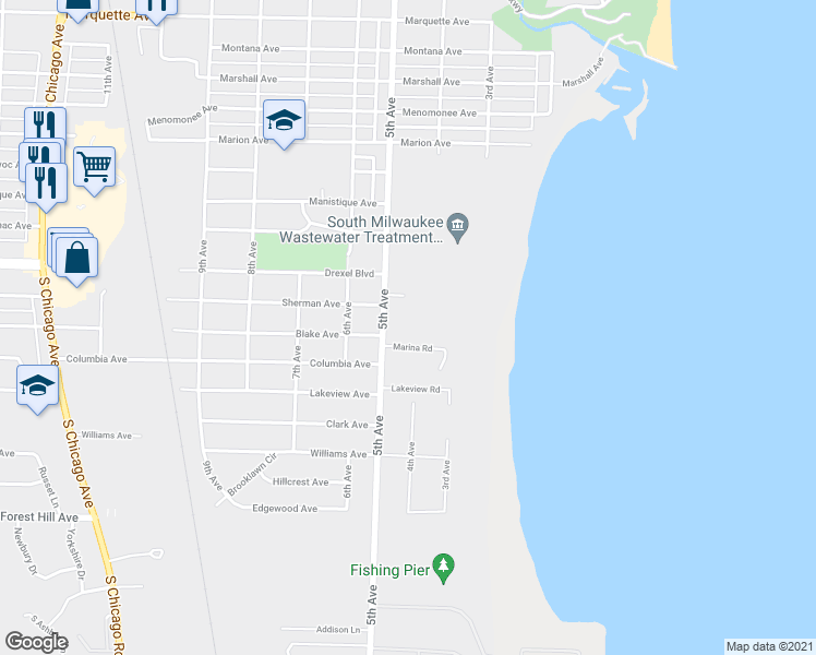 map of restaurants, bars, coffee shops, grocery stores, and more near 3344 Marina Road in South Milwaukee