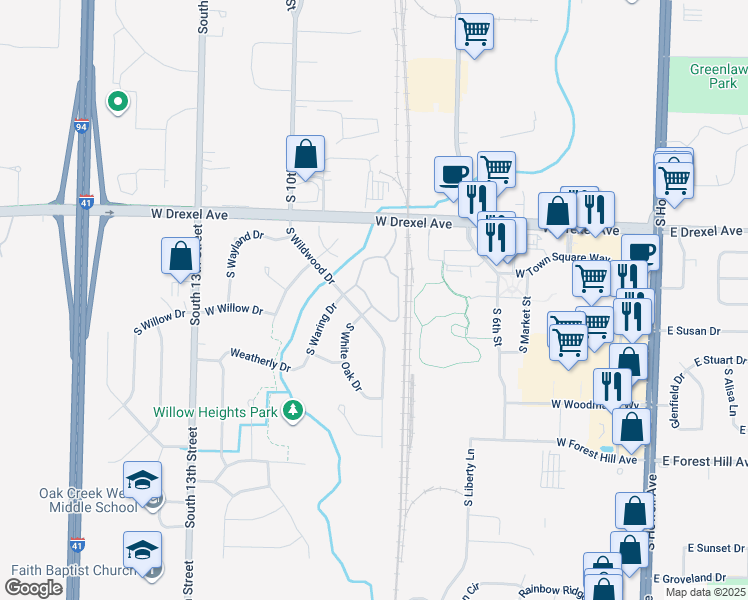map of restaurants, bars, coffee shops, grocery stores, and more near 8032 South Wildwood Drive in Oak Creek