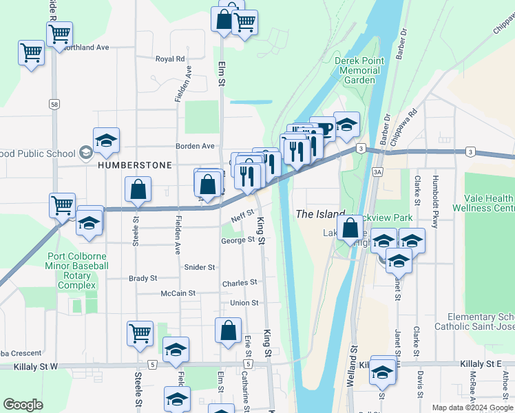map of restaurants, bars, coffee shops, grocery stores, and more near 818 King Street in Port Colborne