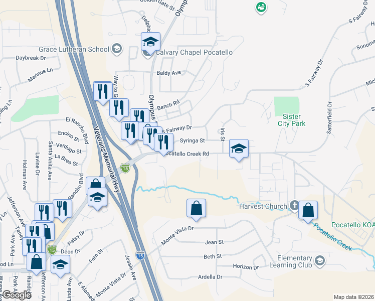 map of restaurants, bars, coffee shops, grocery stores, and more near 1745 Pocatello Creek Road in Pocatello