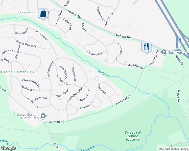map of restaurants, bars, coffee shops, grocery stores, and more near 22 La Costa Court in Saratoga County