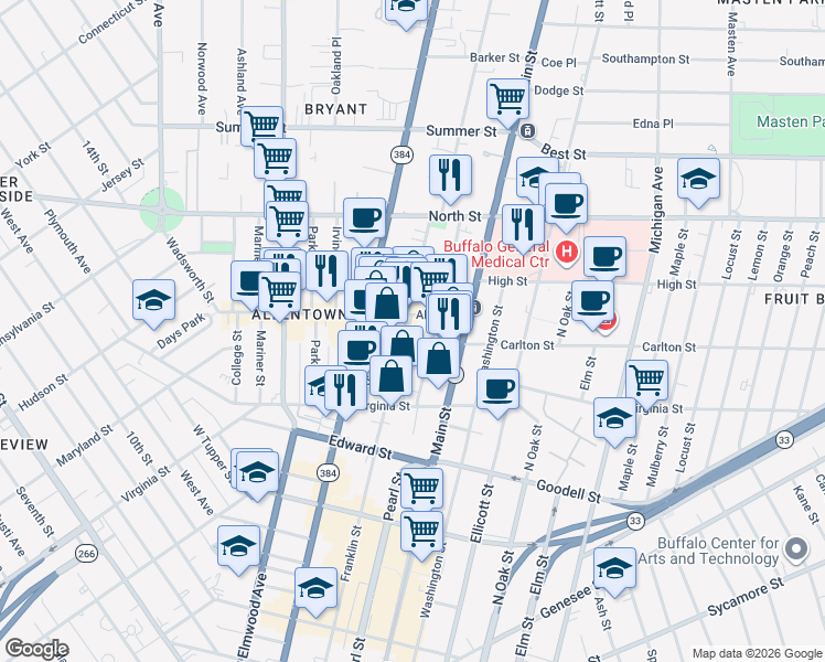 map of restaurants, bars, coffee shops, grocery stores, and more near in Buffalo