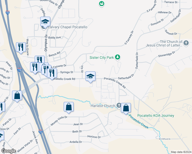 map of restaurants, bars, coffee shops, grocery stores, and more near 1920 Pocatello Creek Road in Pocatello