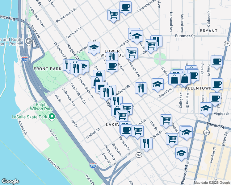 map of restaurants, bars, coffee shops, grocery stores, and more near 401 Prospect Avenue in Buffalo