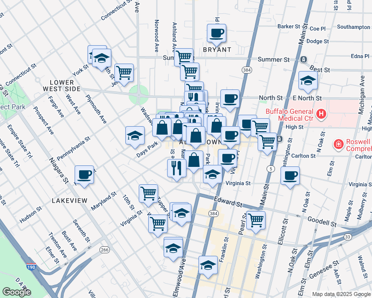 map of restaurants, bars, coffee shops, grocery stores, and more near 75 Mariner Street in Buffalo