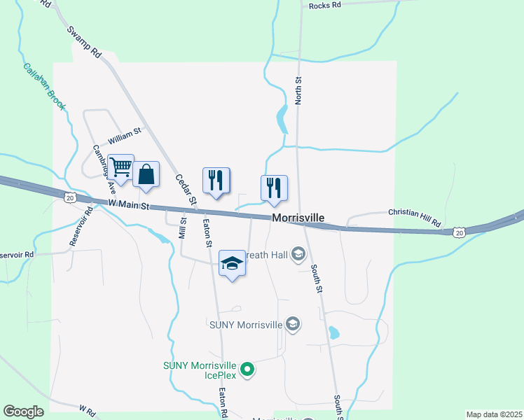 map of restaurants, bars, coffee shops, grocery stores, and more near 70 East Main Street in Morrisville