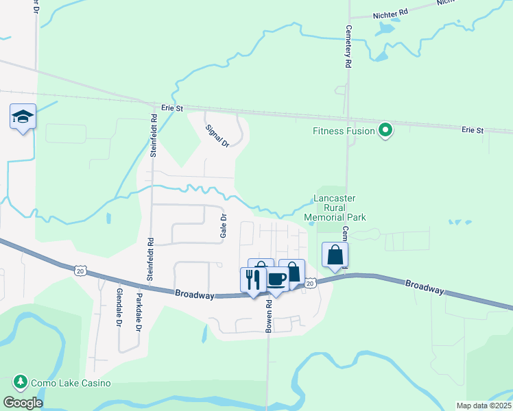 map of restaurants, bars, coffee shops, grocery stores, and more near 5812 Broadway in Lancaster