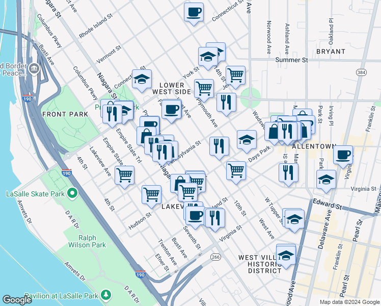 map of restaurants, bars, coffee shops, grocery stores, and more near 36 Fargo Avenue in Buffalo