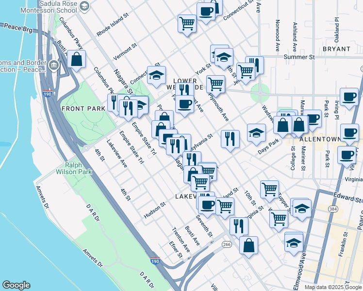 map of restaurants, bars, coffee shops, grocery stores, and more near 537 Niagara Street in Buffalo