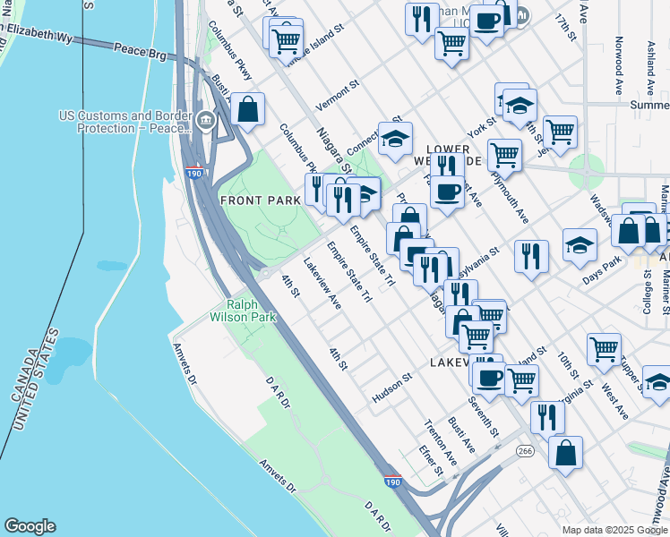 map of restaurants, bars, coffee shops, grocery stores, and more near 83 Lakeview Avenue in Buffalo