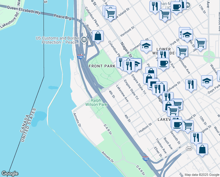 map of restaurants, bars, coffee shops, grocery stores, and more near 640 4th Street in Buffalo